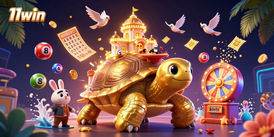 Experience vibrant gaming action at 11win with a golden tortoise palace and colorful lottery elements.