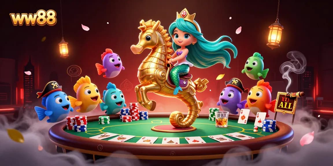 Experience exciting poker wins at ww88 with a vibrant casino scene featuring a mermaid and colorful fish.