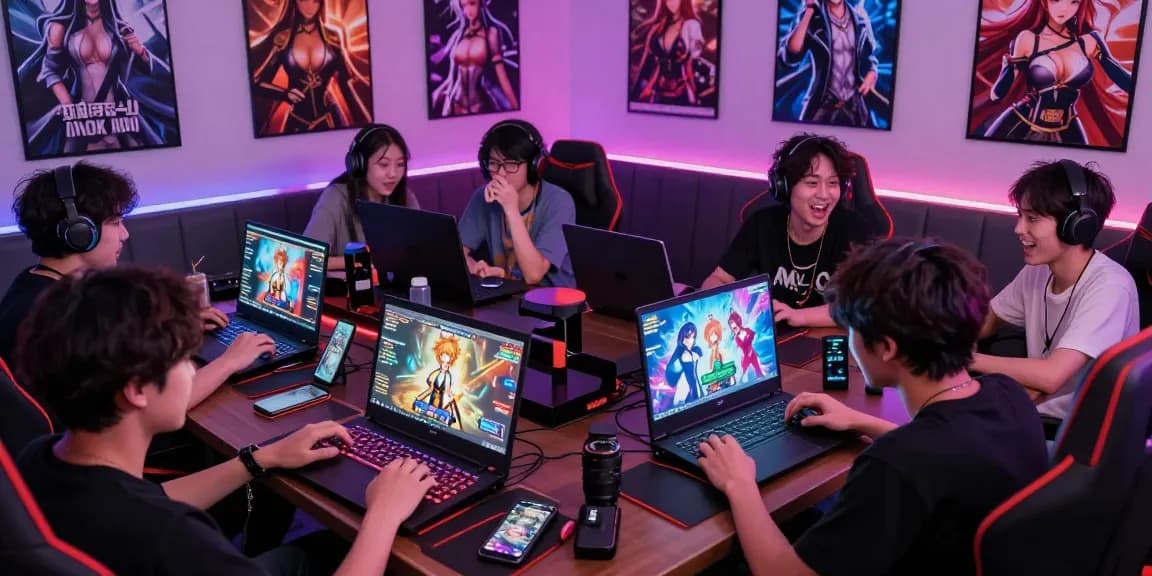 Gamers enjoying lewdspot adult visual novels on various devices in a vibrant gaming lounge.