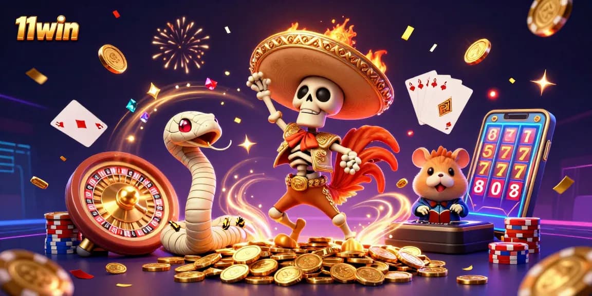 Celebrate wins at 11win with a dynamic 3D casino scene featuring jackpot elements.