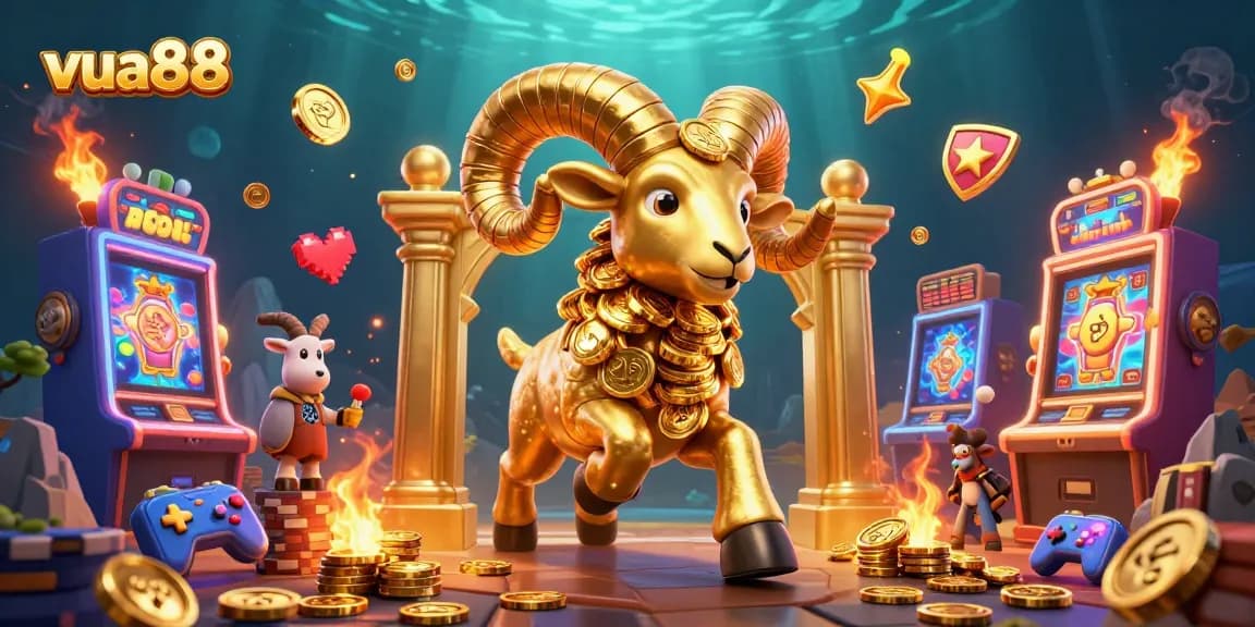 Experience the dynamic gaming world of vua88, featuring golden ram charging through colorful slot machines.