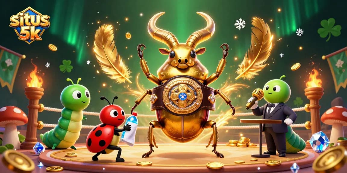 Experience the excitement of situs 5k as a giant beetle fights for casino glory, surrounded by golden coins and engaging elements.