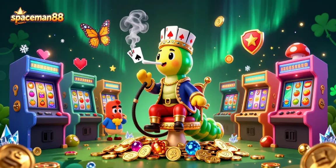 Engage with spaceman88's vibrant online slot scene featuring a whimsical caterpillar and golden symbols.