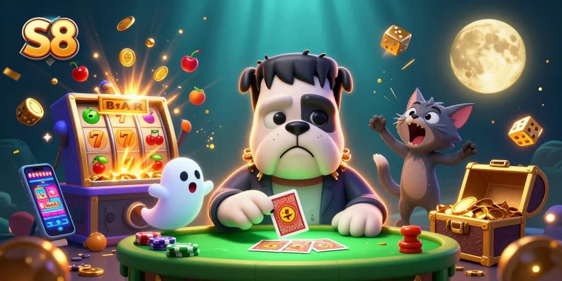 Engage with S8's thrilling gaming experience featuring a playful Frankenstein bulldog at a spooky table.