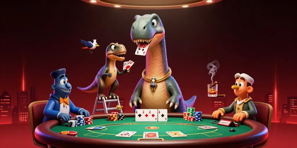 Experience the thrill of 78win with a giant cartoon dinosaur overlooking a vibrant poker scene.