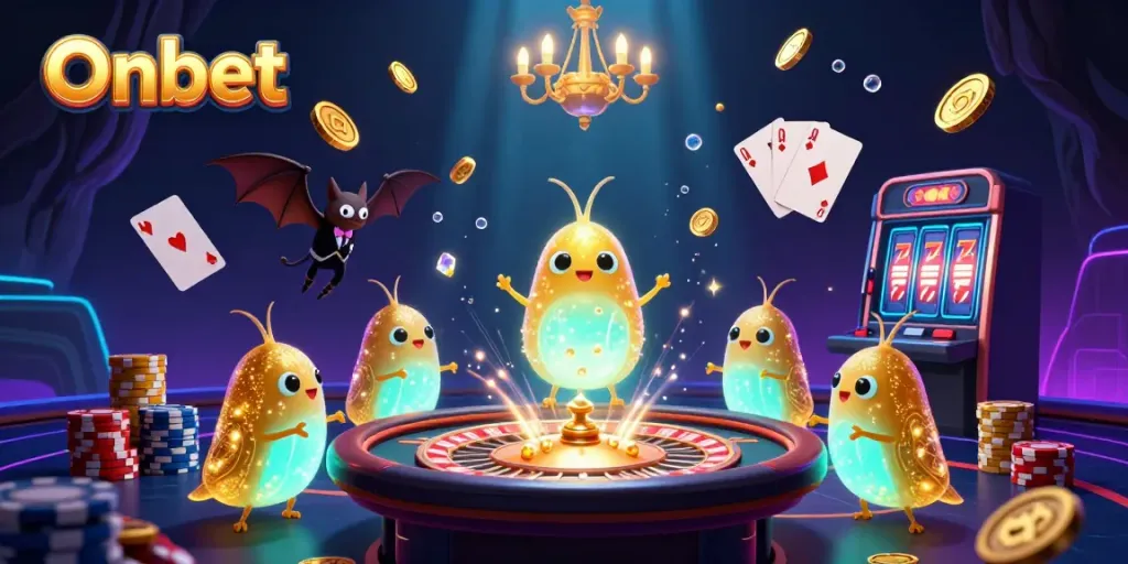 Onbet's vibrant casino scene with glowworms, a bat dealer, and dynamic gaming elements.