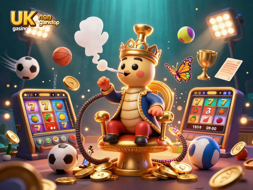 Engaging 3D scene showcasing a UK non gamstop casino theme with vibrant gambling elements.