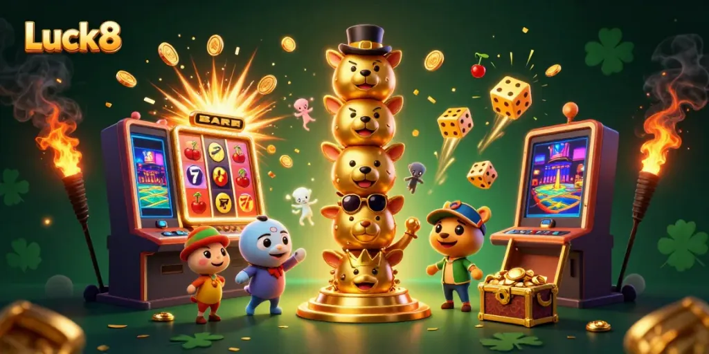 Luck8 showcases a vibrant 3D casino scene filled with playful totem poles and slot machine excitement.