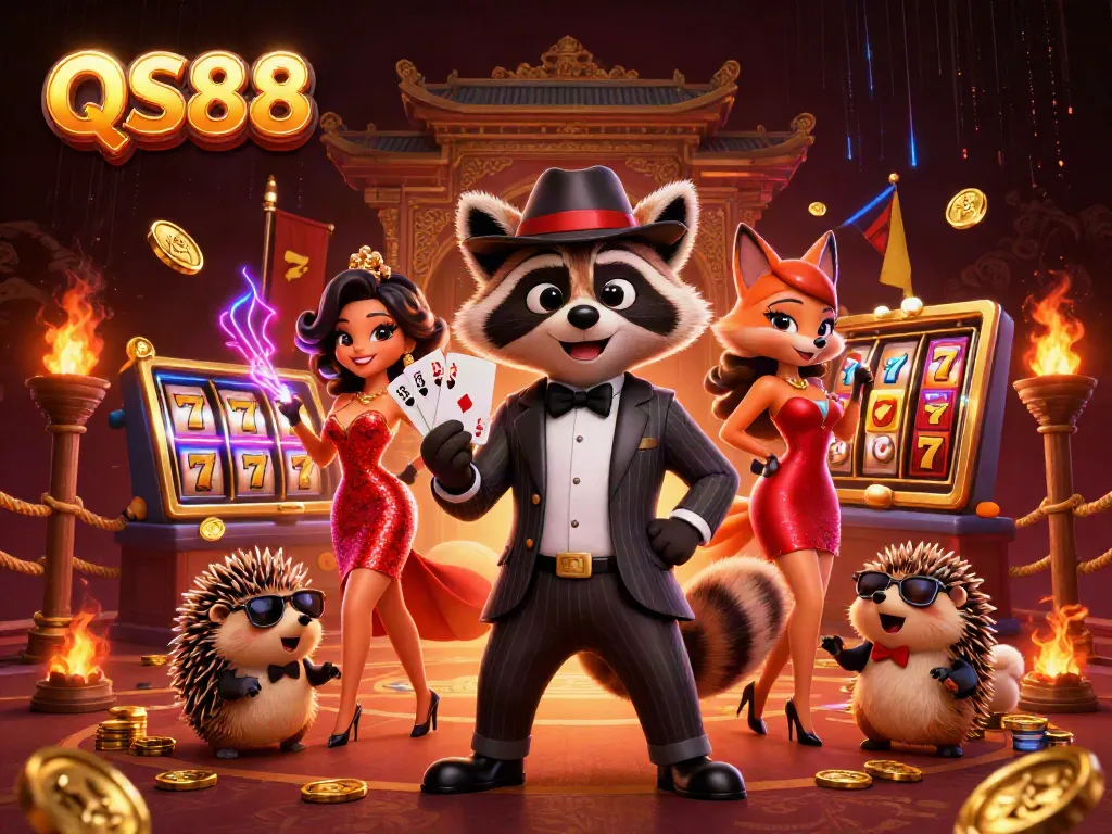 QS88 slot game scene featuring a dapper raccoon and colorful characters celebrating winnings amidst a vibrant casino atmosphere.