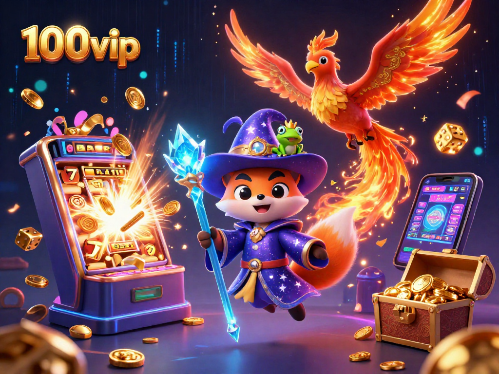 Experience the thrill of gaming at 100vip with a magical wizard fox, slot machines, and treasure!
