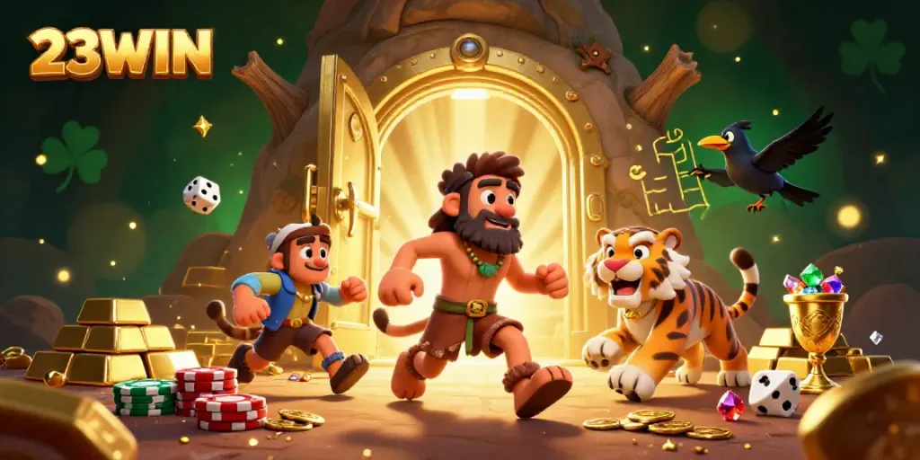 Experience the thrill of 23WIN with lively cavemen and a tiger in a vibrant prehistoric casino.