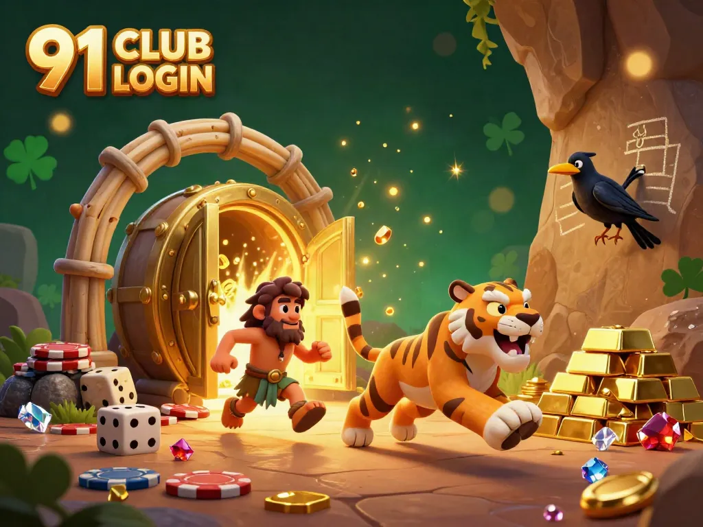 Join the excitement of 91 CLUB LOGIN with a fun image of prehistoric characters playing with ancient casino elements.