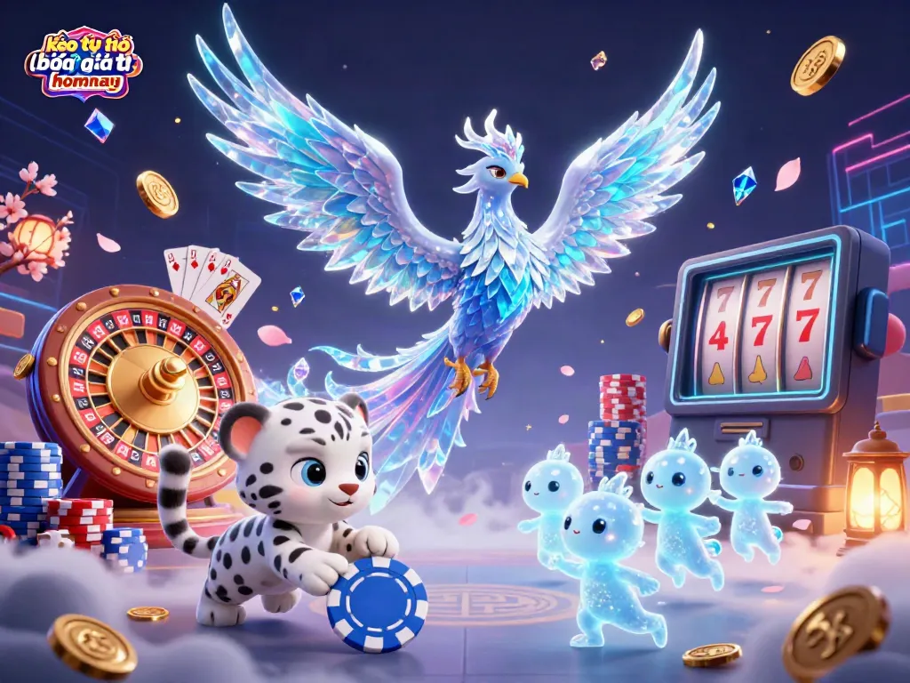 Engaging 3D illustration of kèo tỷ số bóng đá trực tuyến hôm nay featuring colorful characters and dynamic casino elements.
