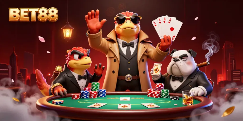 BET88 showcases a humorous scene with three raptors in disguise attempting to sneak into a VIP casino lounge.