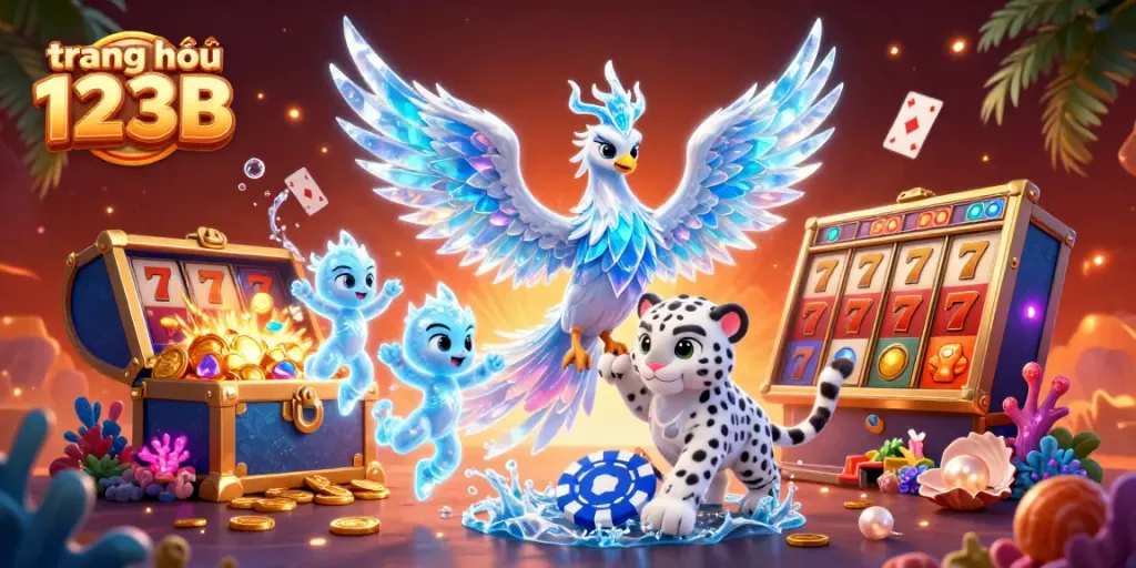 Experience thrilling gameplay with the colorful scene from trang chủ 123B, featuring an ice phoenix and a playful snow leopard.