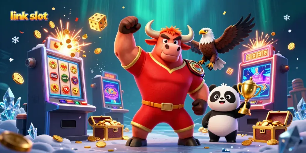 Engage in thrilling gameplay with exciting link slot visual featuring cartoon bull, eagle, and panda.