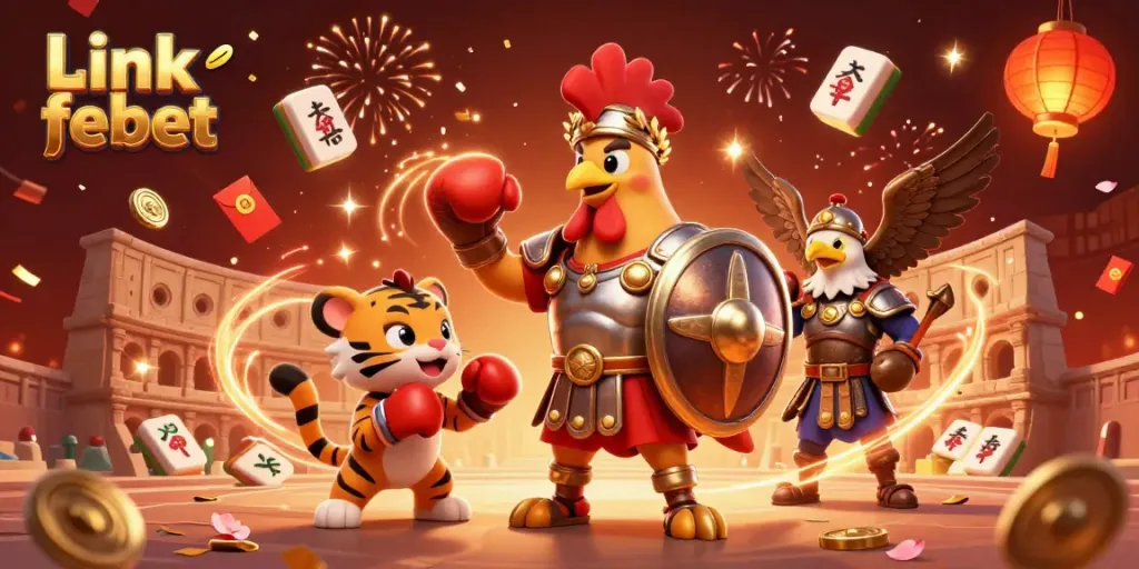 Experience the excitement of link febet with a dynamic scene featuring casino elements and animated characters in an engaging arena.