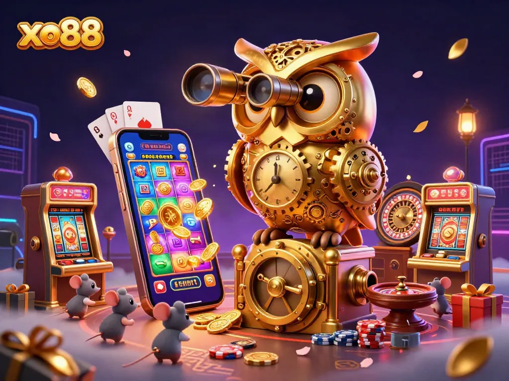 Experience the excitement of xo88 from a vibrant 3D illustration of a golden owl scouting a bustling casino floor.