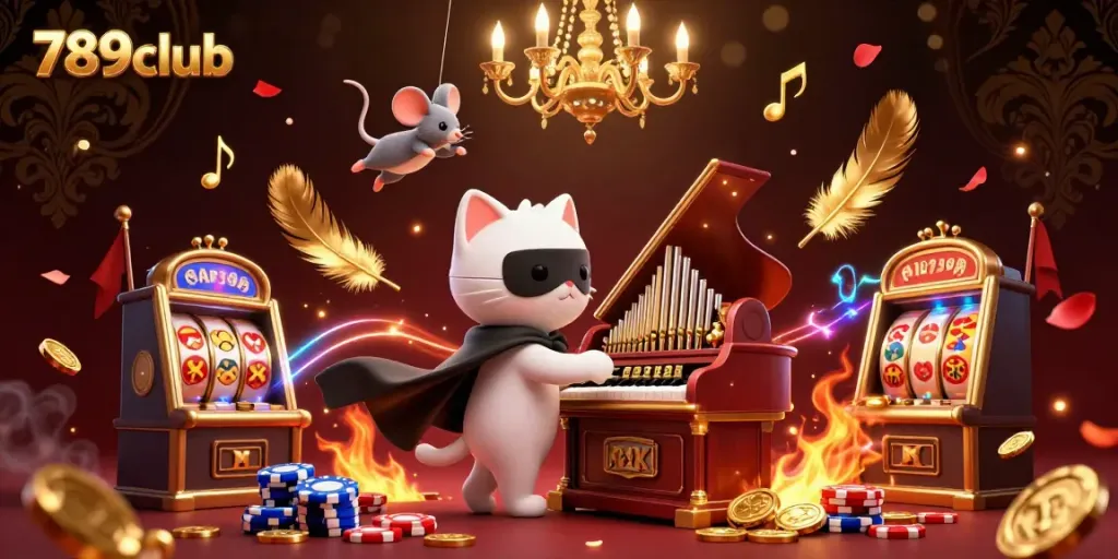 Engage with exciting gaming at 789club, showcasing a whimsical casino scene with dynamic characters and elements.