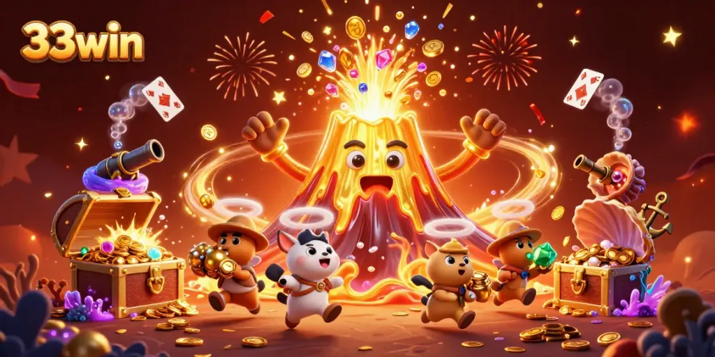 Experience exciting gameplay with 33win in a visually rich and dynamic casino scene full of treasure and celebration.