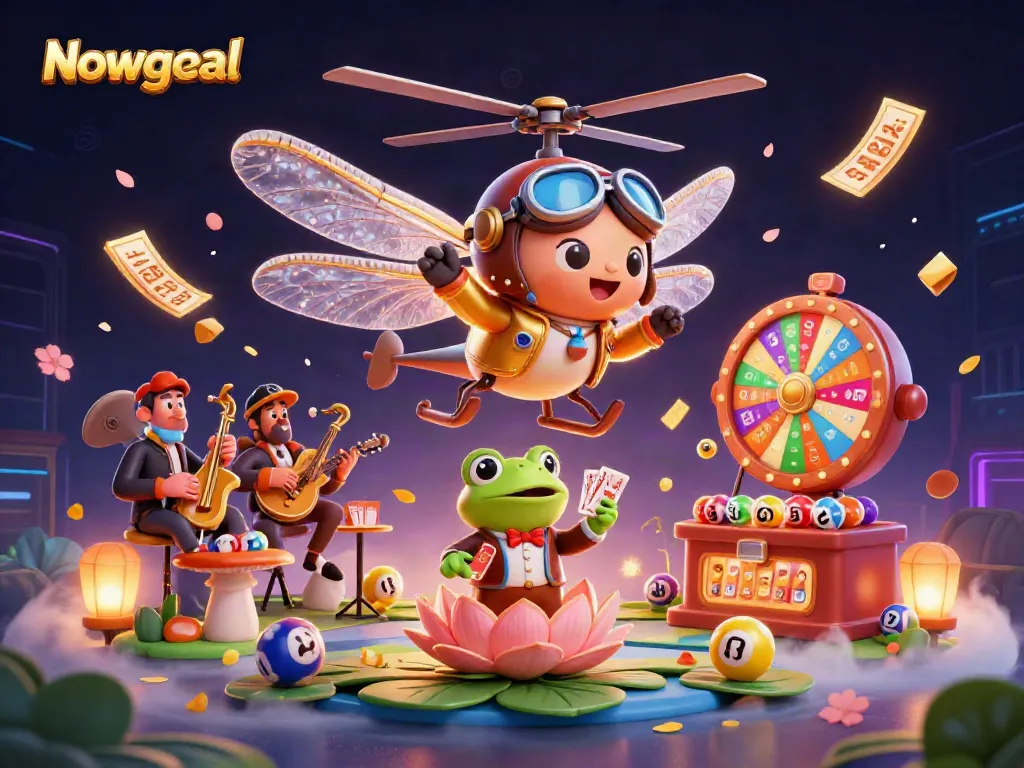 Engage with Nowgoal, a vibrant and dynamic gambling scene featuring lively characters, lottery elements, and intense excitement.