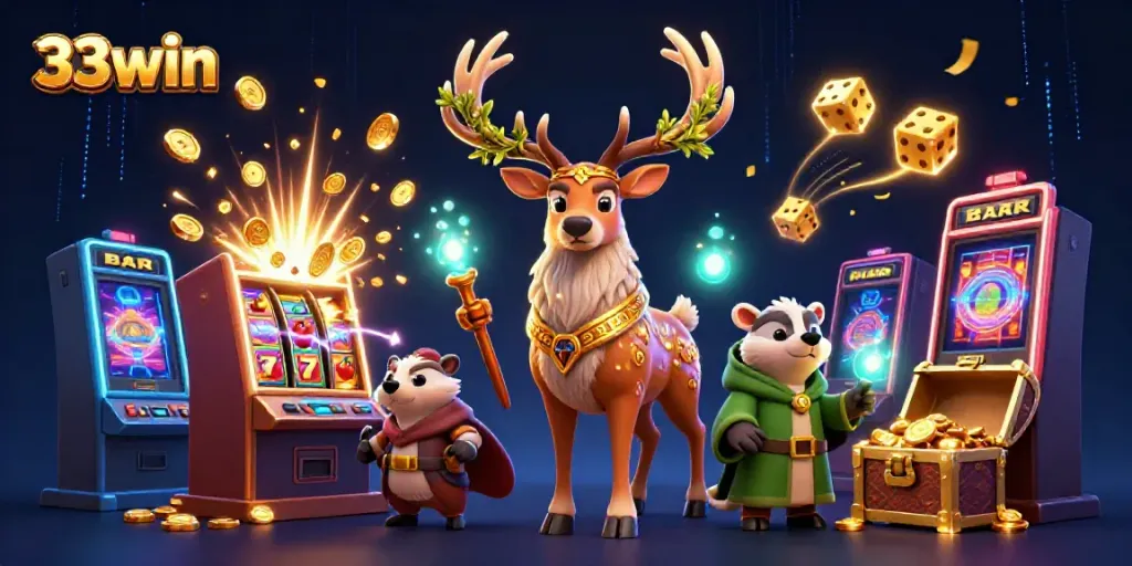 Experience thrilling wins at 33win with a dynamic 3D casino scene featuring jackpot elements and magical characters.