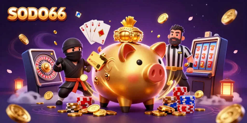 Witness the SODO66 action as vibrant characters celebrate casino winnings amidst a flurry of coins and chips.