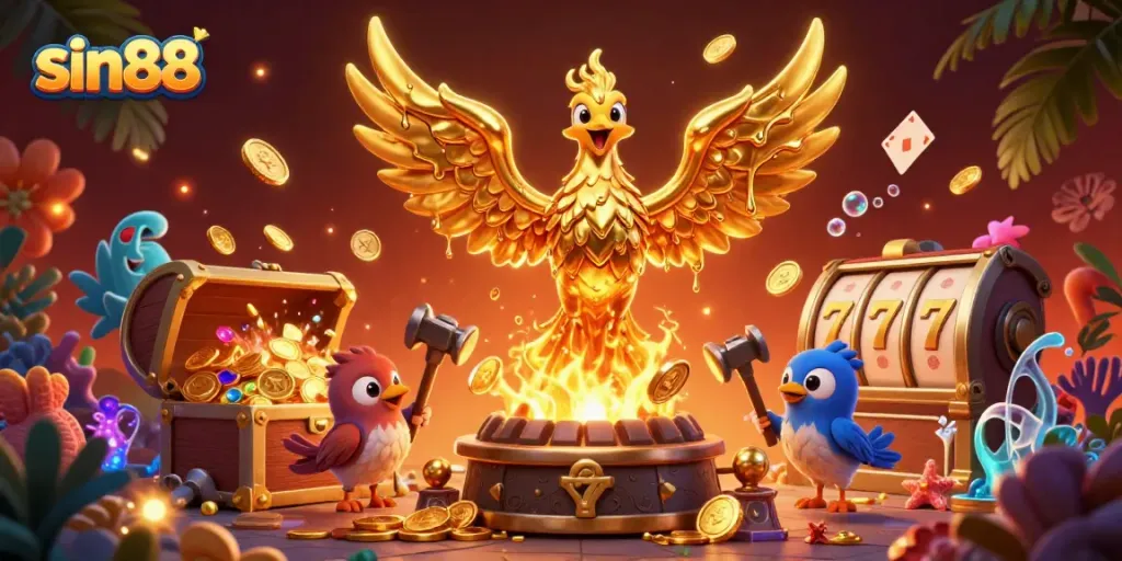 Win big with sin88 in this vibrant 3D illustration featuring a molten phoenix and treasure elements.