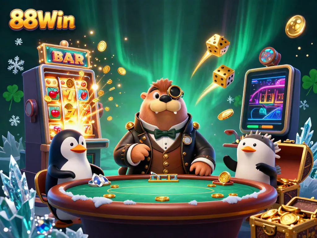 Experience the excitement of 88Win with a jolly walrus at an underwater poker table in a vibrant casino scene.