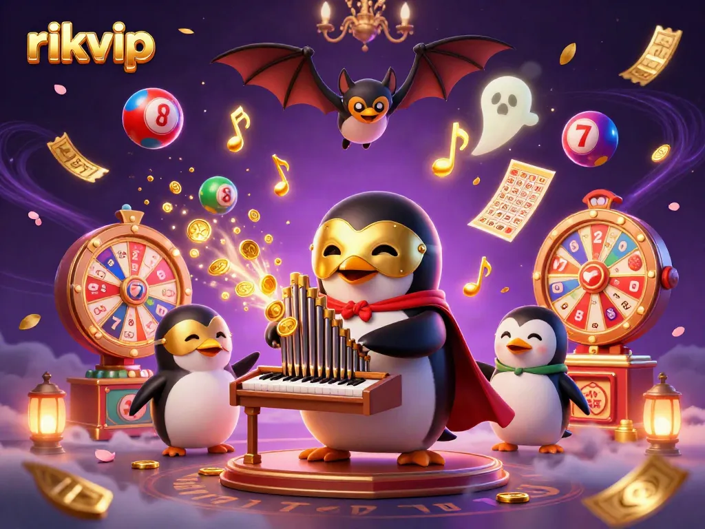 Experience the thrill of rikvip with the 3D penguin organist amid vibrant casino elements.