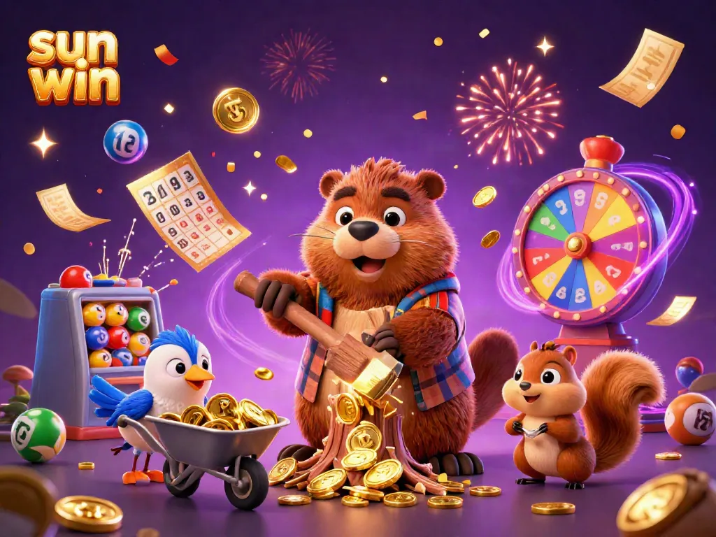 Experience the excitement of sun win with a lively cartoon illustration of games and winning elements.