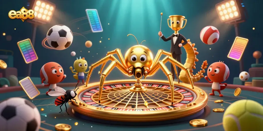 Engaging scene showcasing ea88 with a golden spider roulette wheel and animated sports betting elements.