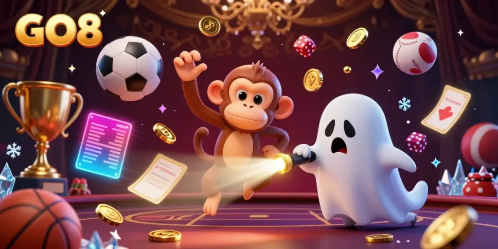 Experience thrilling moments at GO8, a casino scene with a playful poltergeist monkey and ghost-hunter puppy.