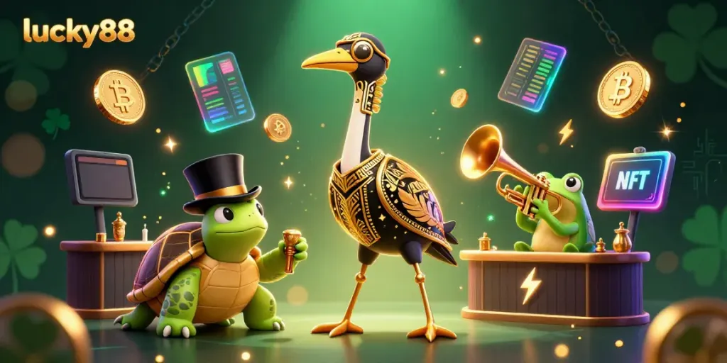 Experience the excitement of lucky88 with a vibrant 3D casino scene filled with animated characters and crypto elements.