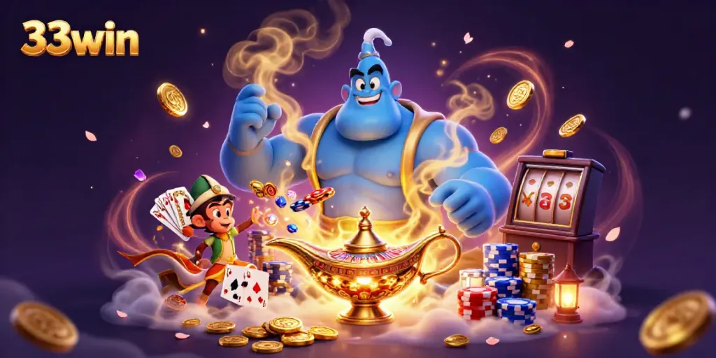 Experience thrilling moments with 33win as a genie bursts from a lamp amidst casino elements and treasures.