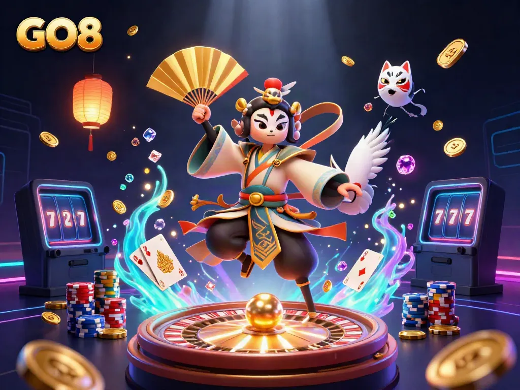 Play exciting games at GO8 with vibrant cartoon imagery of a kabuki warrior and casino elements.