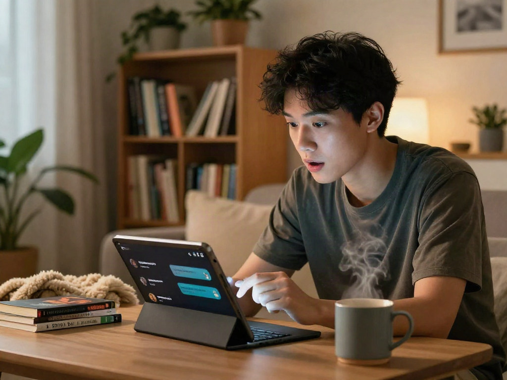 User engaging in nsfw ai chat on a tablet in a cozy living room, showcasing modern digital interaction.