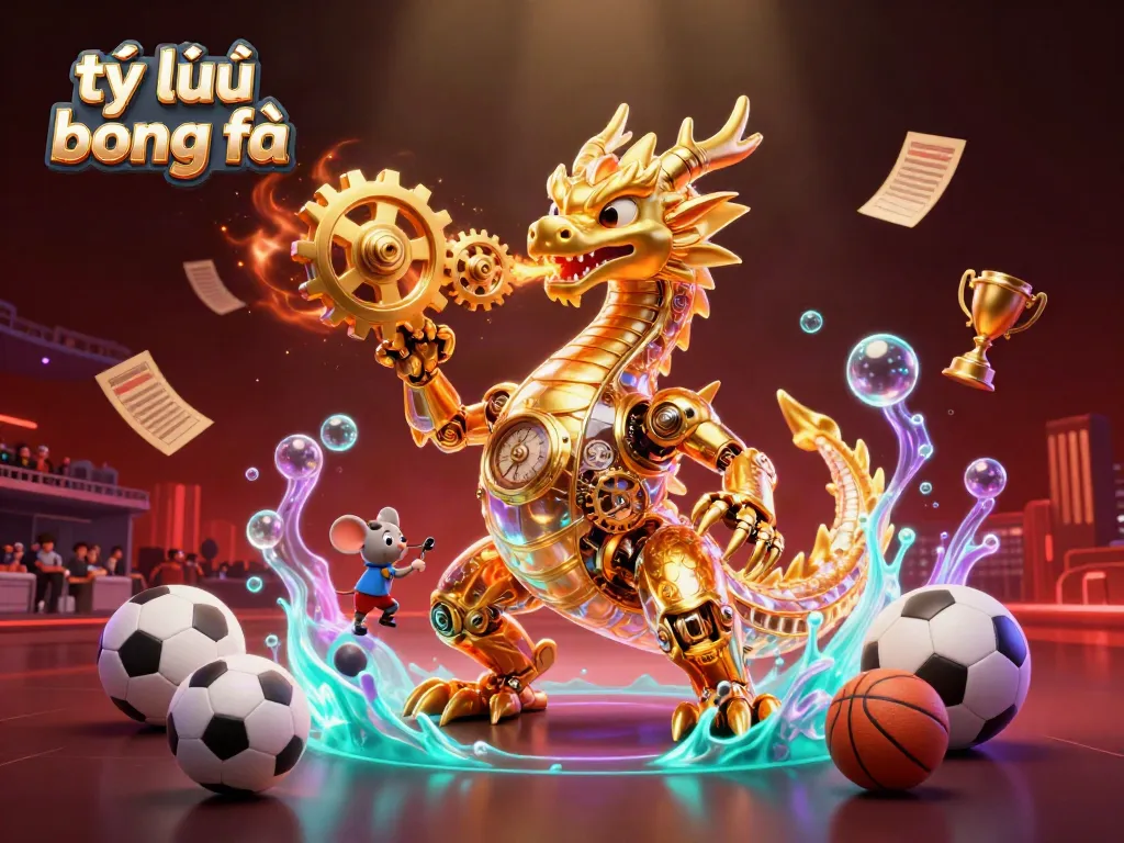 Engage with tỷ lệ bóng đá in an ultra-detailed scene featuring dynamic sports betting elements and a golden dragon.