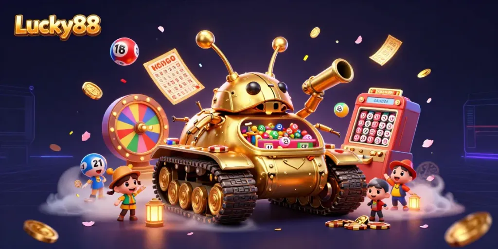 Win big at Lucky88 with vibrant lottery balls and a golden casino tank celebration.