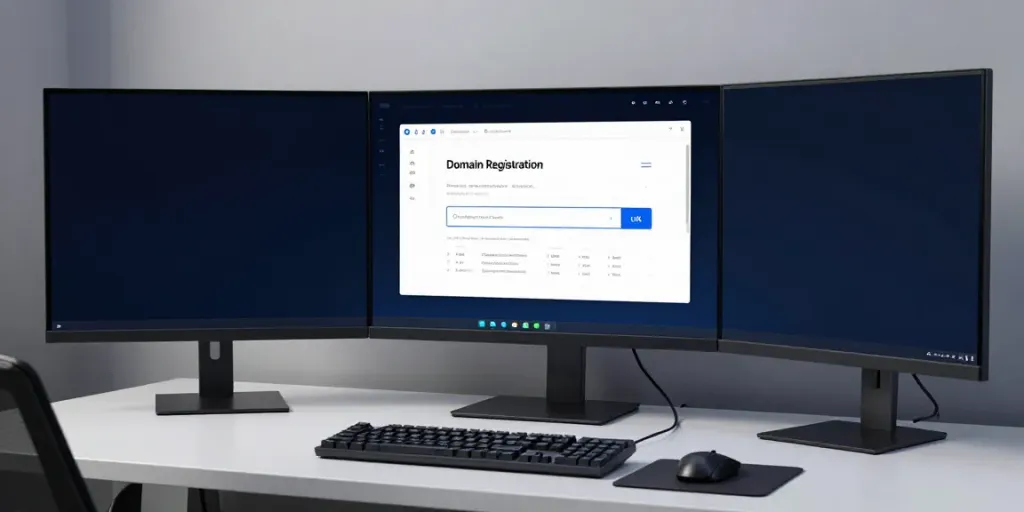 .uk domain registration interface displayed on a modern developer workspace setup, showcasing software development tools and design.
