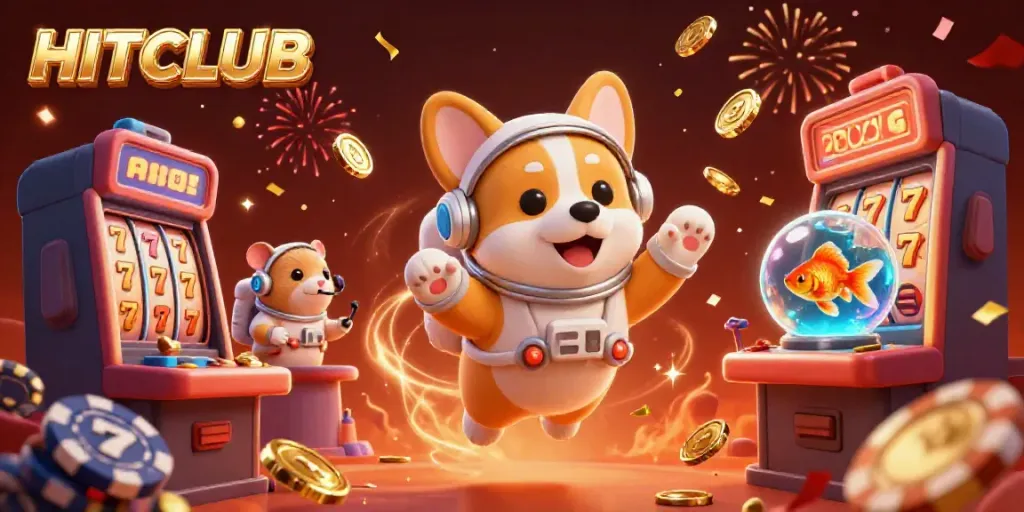 Experience gameplay excitement with HITCLUB's unique 3D cartoon scene featuring a floating corgi and dynamic casino elements.