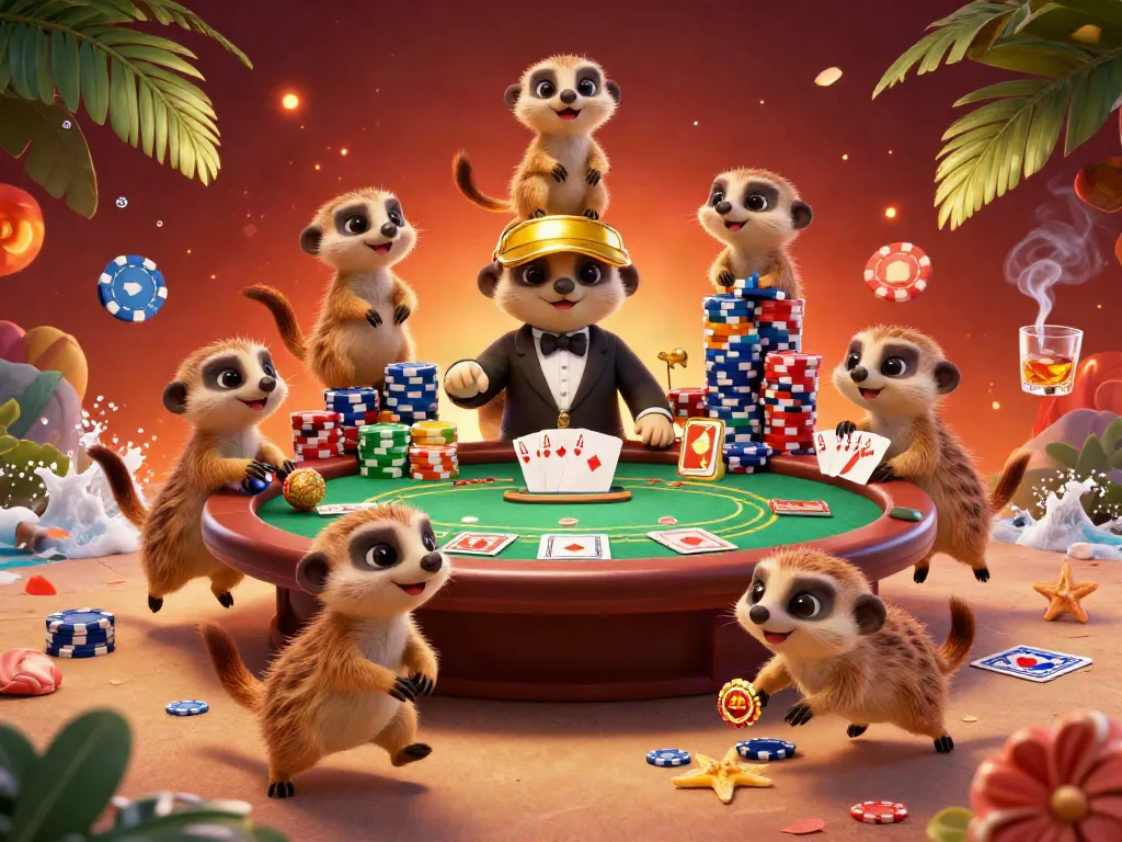 Engage with qs88’s vibrant casino scene featuring meerkats as dealers and players amidst colorful poker elements.