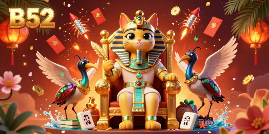 B52 game illustration featuring a vibrant Egyptian pharaoh cat and dynamic casino elements in a rich 3D scene.