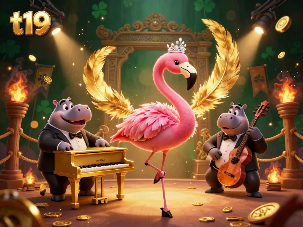 Experience exciting games at t19 with a lively scene featuring a flamingo singer and hippo bassist in a casino.