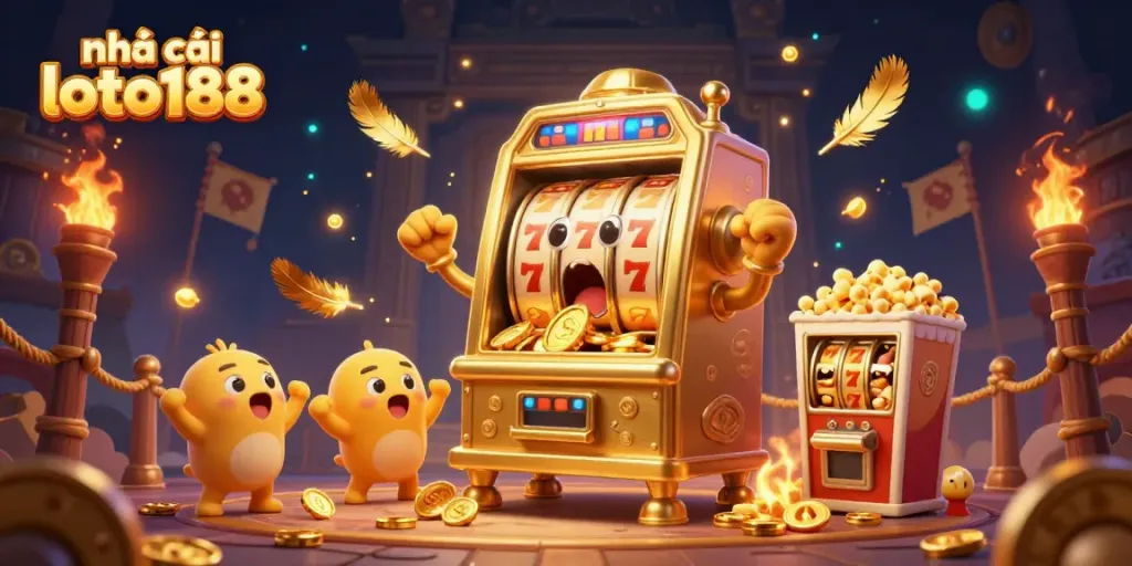 Experience excitement at nhà cái loto188 with a golden slot machine celebrating a jackpot win.
