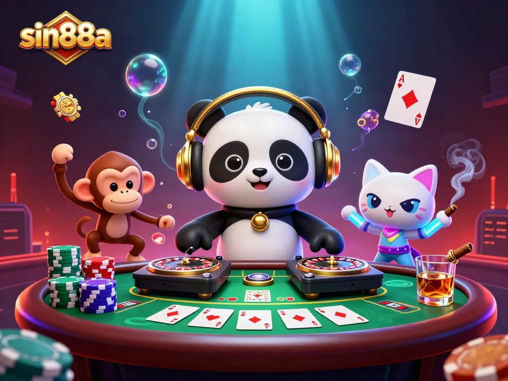 Engage with sin88a through vibrant casino scenes featuring a DJ panda, dancing monkey, and festive kitten.