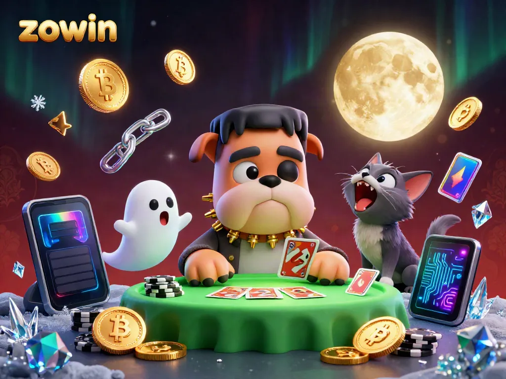 Engaging scene of the Zowin casino featuring a cartoon bulldog, ghost mouse, and werewolf kitten amidst vibrant gaming elements.