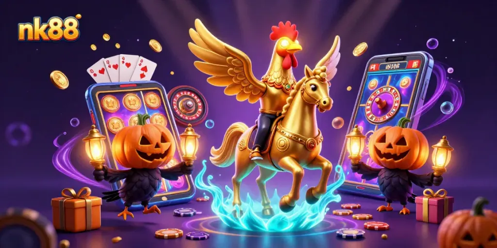 Experience nk88's exciting gaming action with golden rooster and casino elements in a vibrant 3D scene.