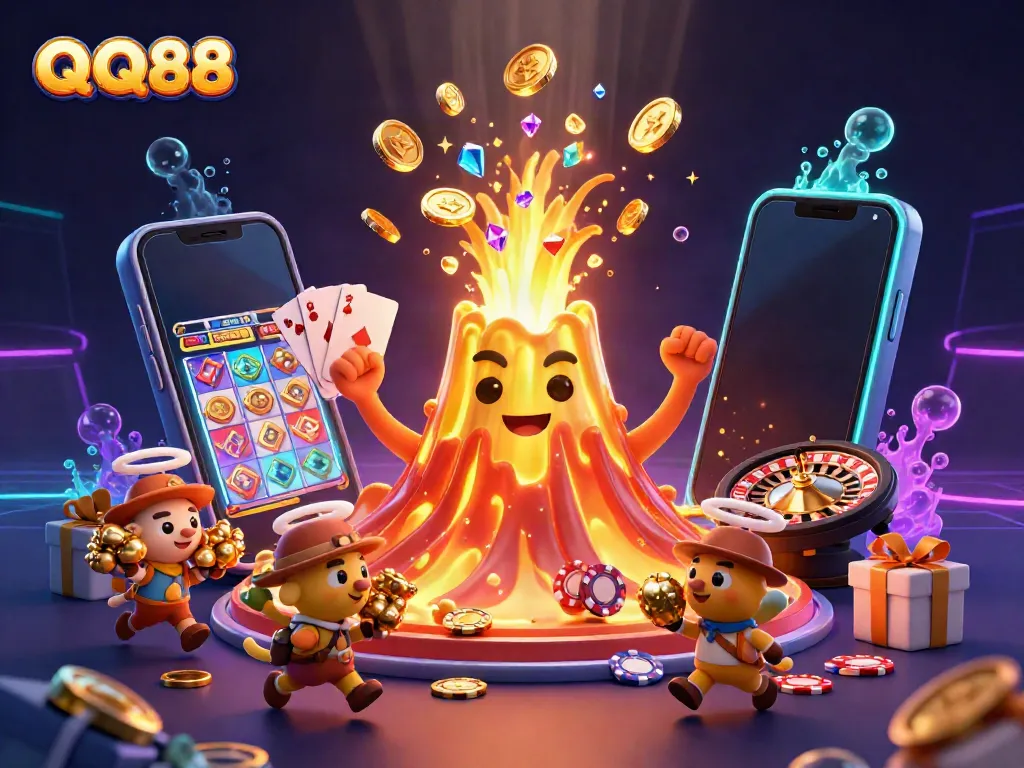Experience thrilling gaming with QQ88's vibrant casino scene featuring a golden volcano and treasure-laden animals.