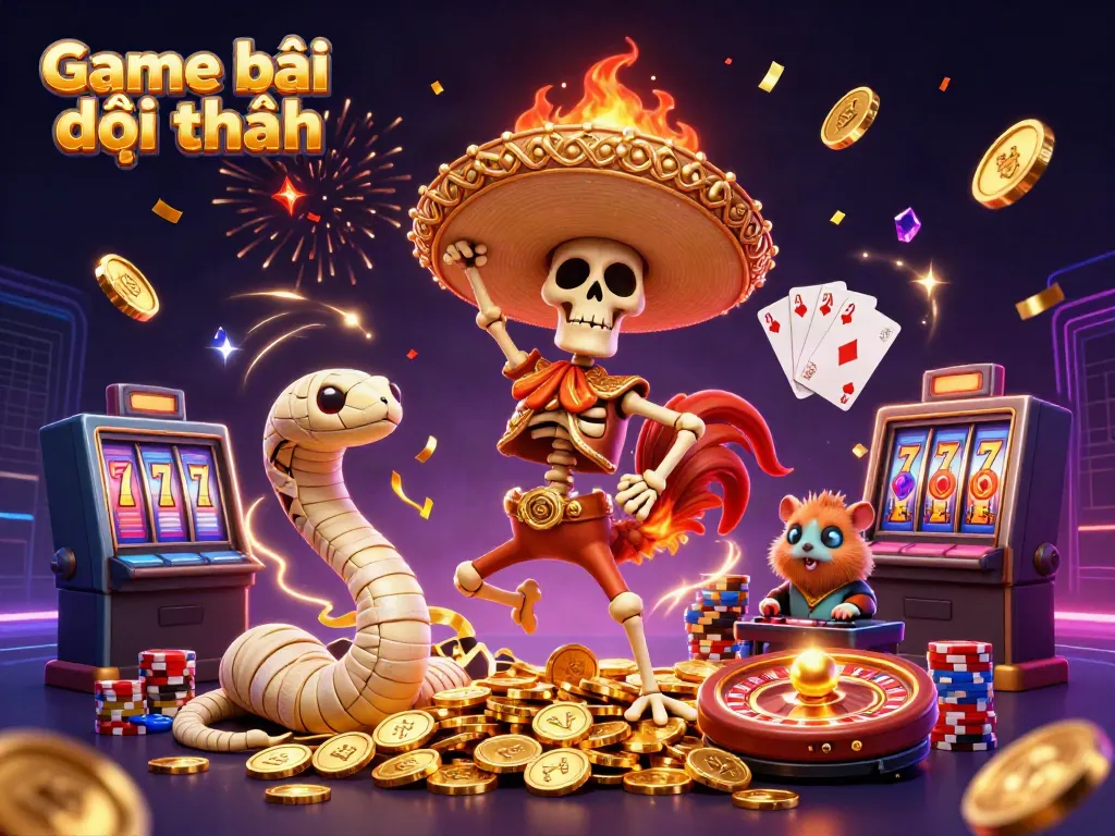 Experience vibrant action with Game bài đổi thưởng featuring a festive scene of celebratory characters amidst coins and cards.